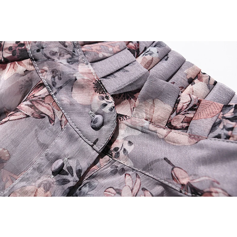 Women Floral Long Sleeve Chiffon Blouse Formal Female Stand Collar Top High Street OL Runway Summer Shirt |