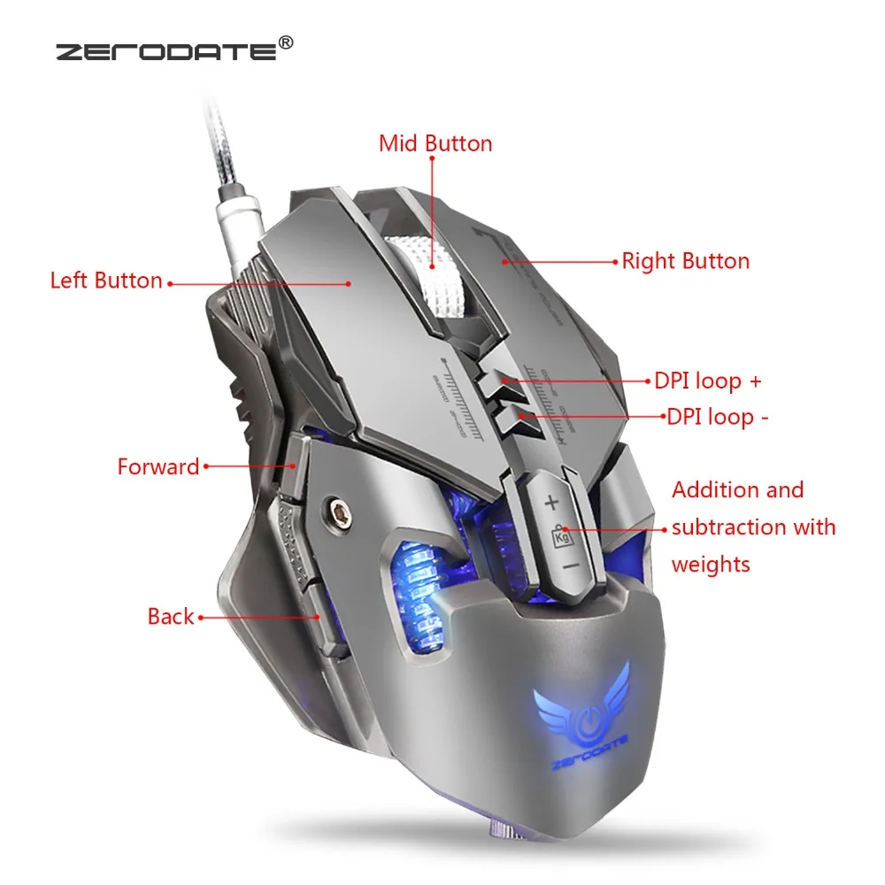 ZERODATE X300GY 3200 dpi USB Проводная конкурентоспособная игровая мышь 7 кнопок светодиодный механический Макросъемка Программирование игровой мыши