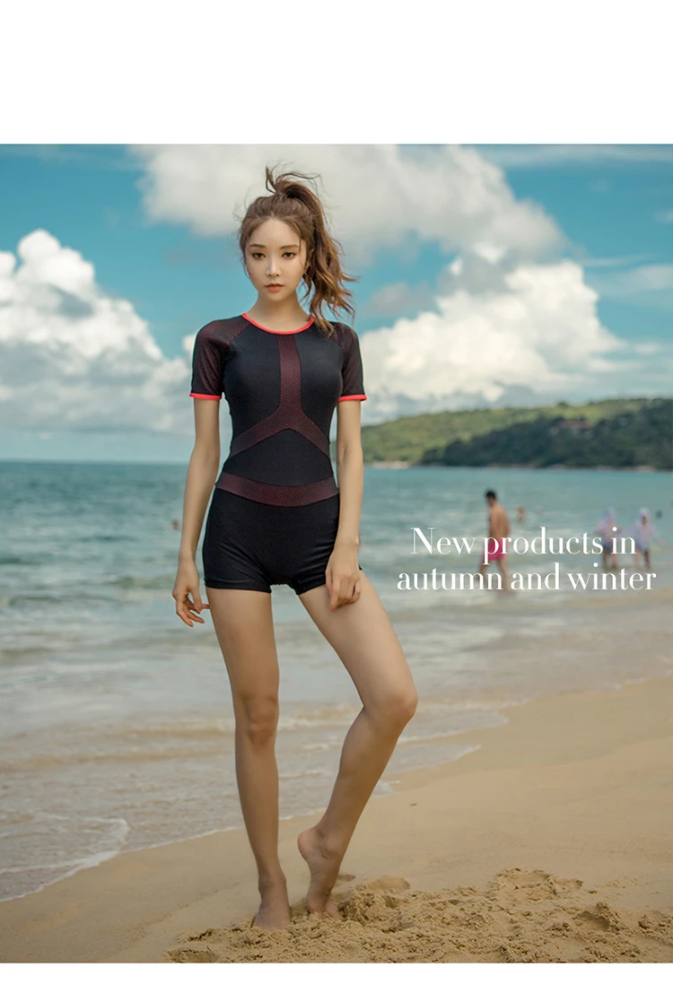 Mesh Patchwork Rash Guard Women Solid Swimwear Short Sleeve Swimsuit Shorts Surfing Suit Black Bathing Suit Korea Diving Clothes