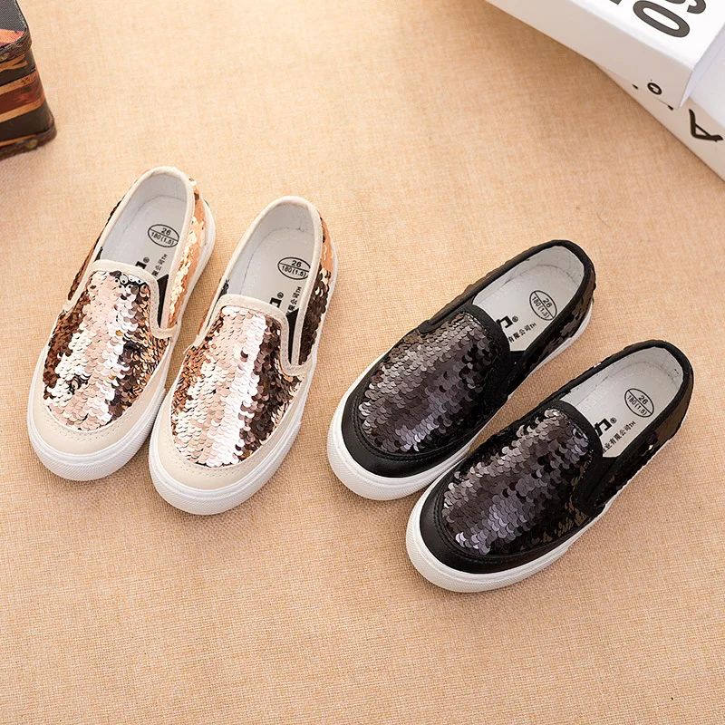 Sequins Girls Shoes Children Sneakers Kids Solid Color Baby Loafers Students Flats Slip on Gold Black Canvas 23-37# | Детская одежда и