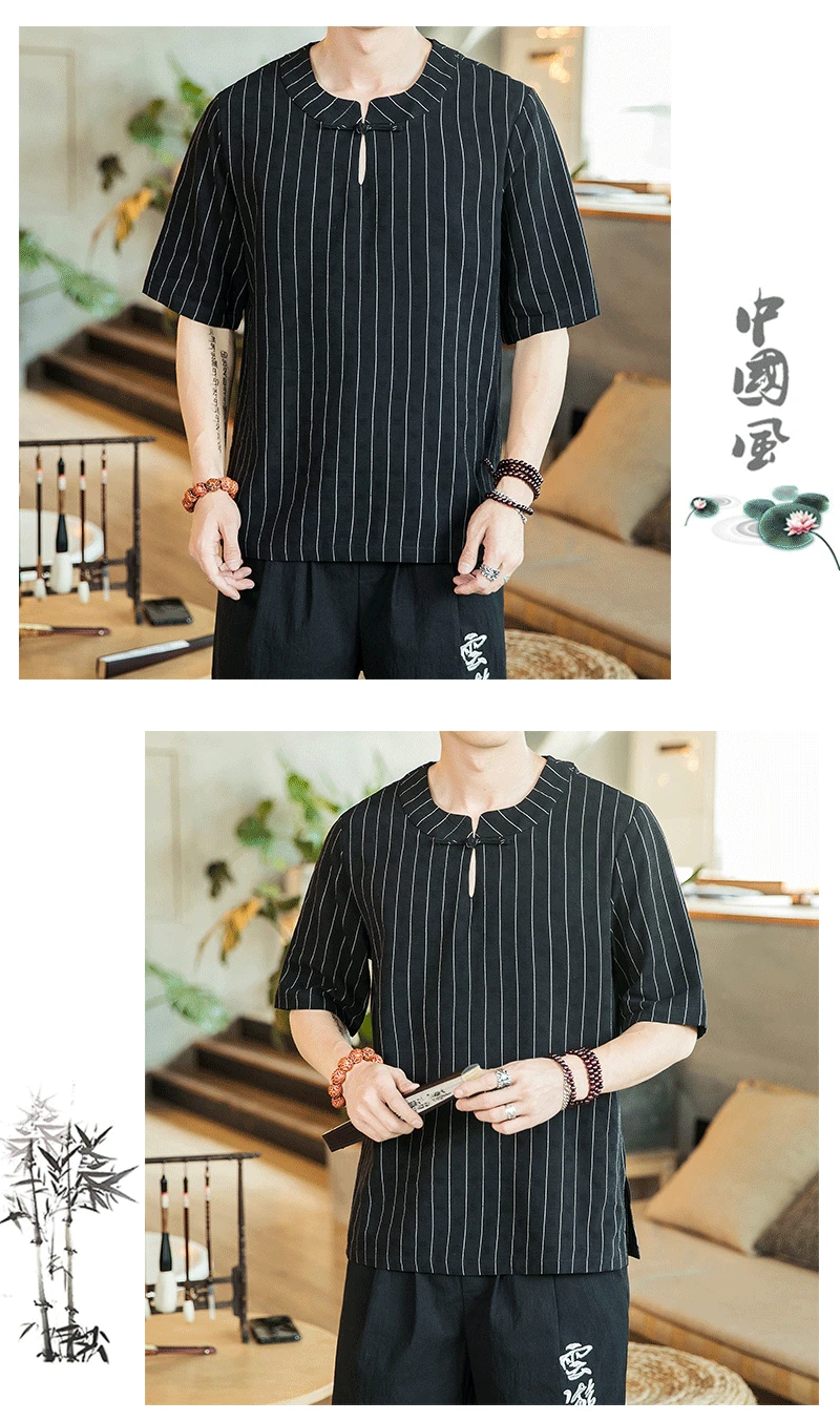 Sinicism Store мужская повседневная полосатая футболка мужские летние винтажные футболки мужские хлопковые льняные футболки с круглым вырезом одежда в китайском стиле