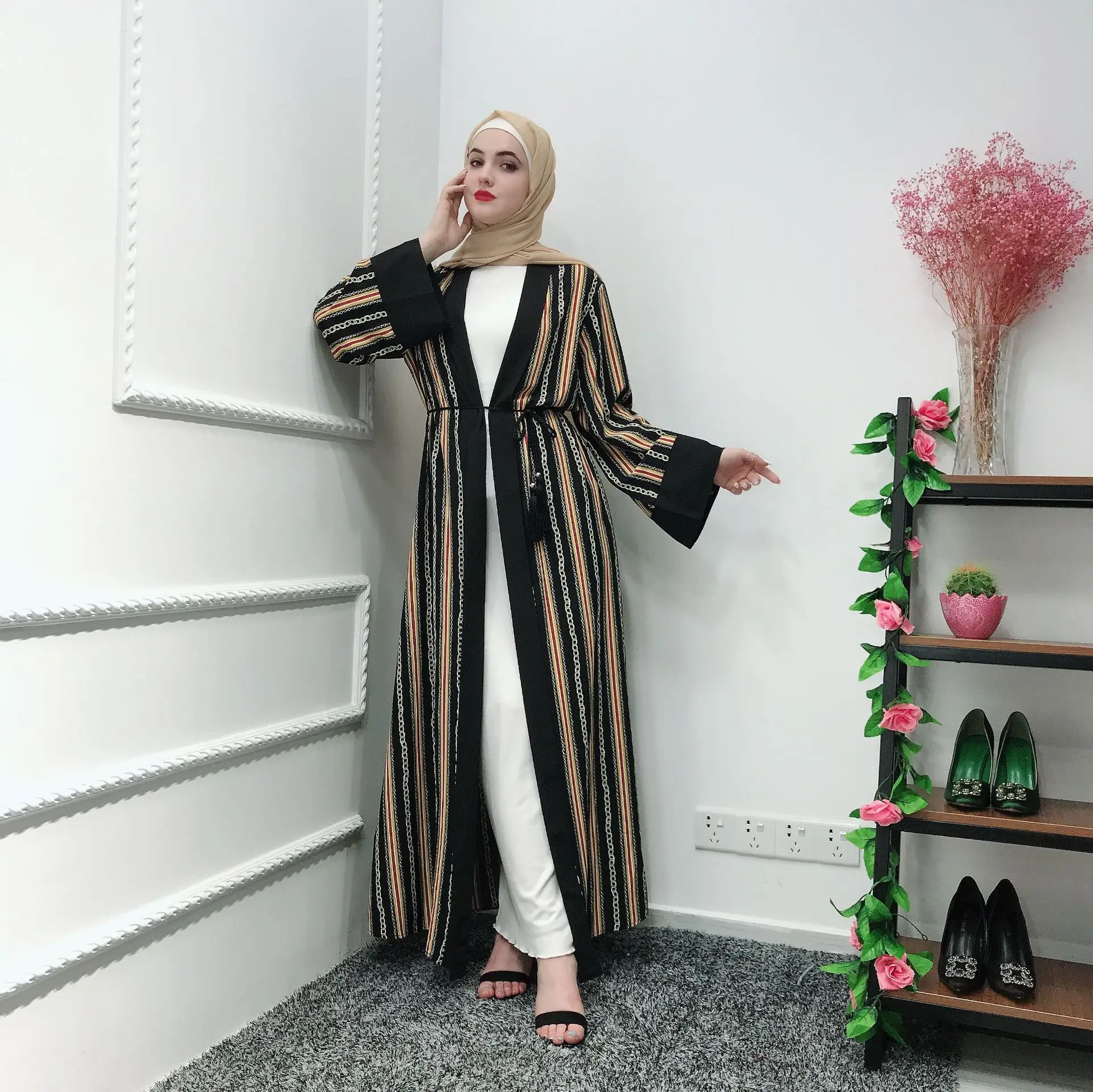 Абая кимоно кафтан полосатый халат Femme Дубай мусульманский кардиган хиджаб