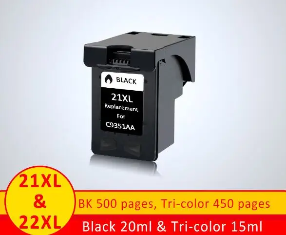 BK 1PC XiangYu 2Pcs/set 21xl 22xl Refilled ink cartridge replacement For hp 21 22 compatible For HP Deskjet f4180 f2180 3930 3940 D1311 - Color: BK 1PC