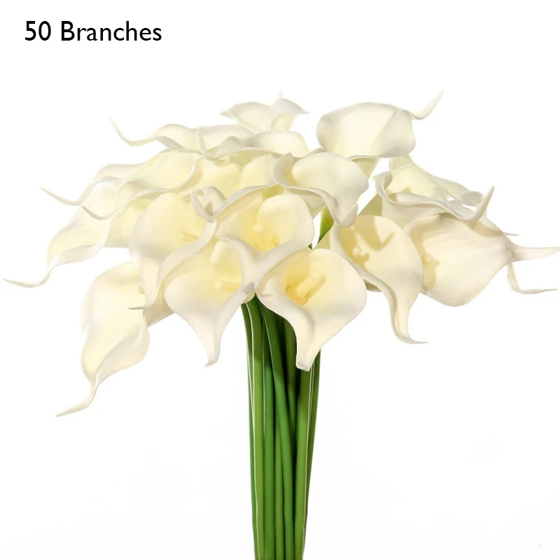 White yumai 50 шт. / Компл. Черные Калла Цветы Букеты Искусственные Украшения ПУ Лилии Цветы Пучки для Свадьбы Украшение Стола - Цвет: White
