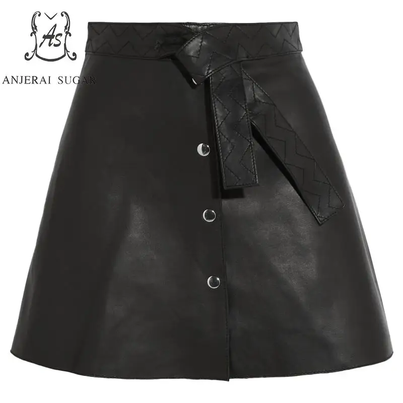 Женская короткая юбка из натуральной кожи на весну и осень черная облегающая