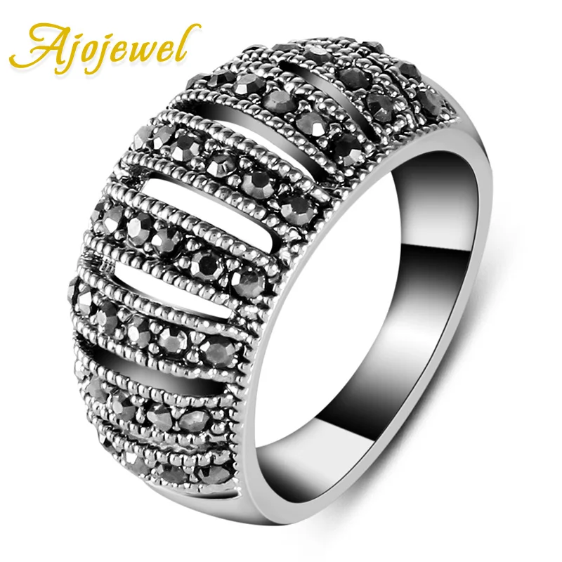 

Ajojewel Brand Size 7/8/9 Femininas Bijuterias Vintage Pave Black CZ Stone Hollow Rings For Women
