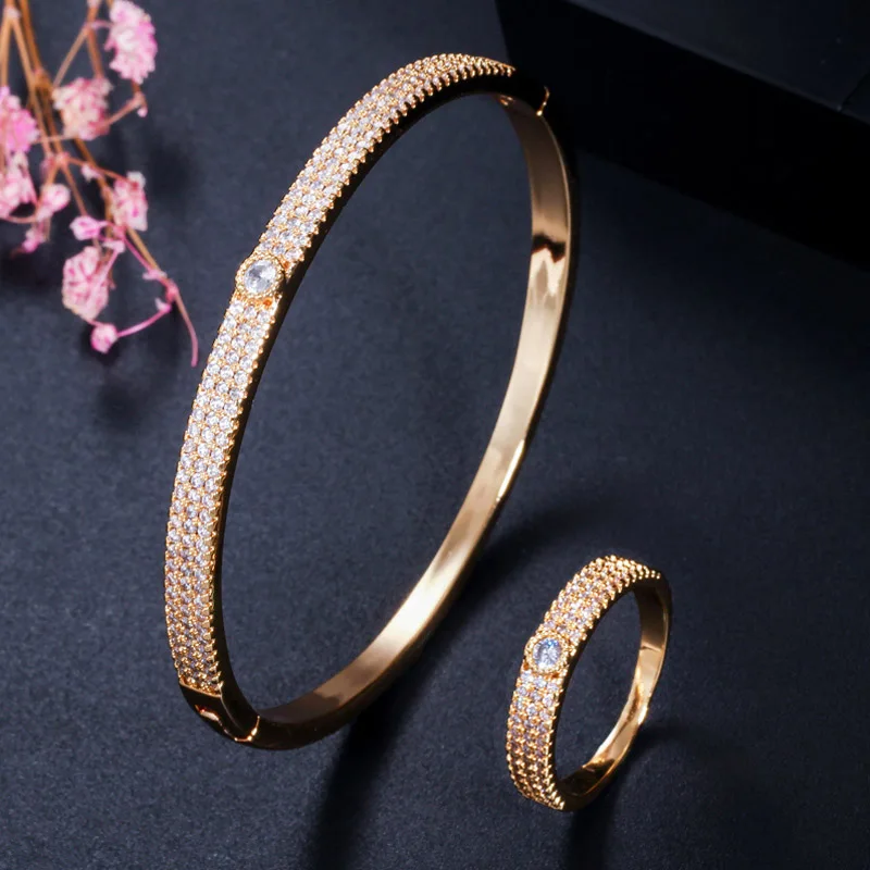 gold Pera роскошный свадебный блестящий дизайн ювелирные изделия Большой Круглый, кубический цирконий браслет и кольца комплект ювелирных украшений для невесты свадебный подарок Z043 - Окраска металла: gold