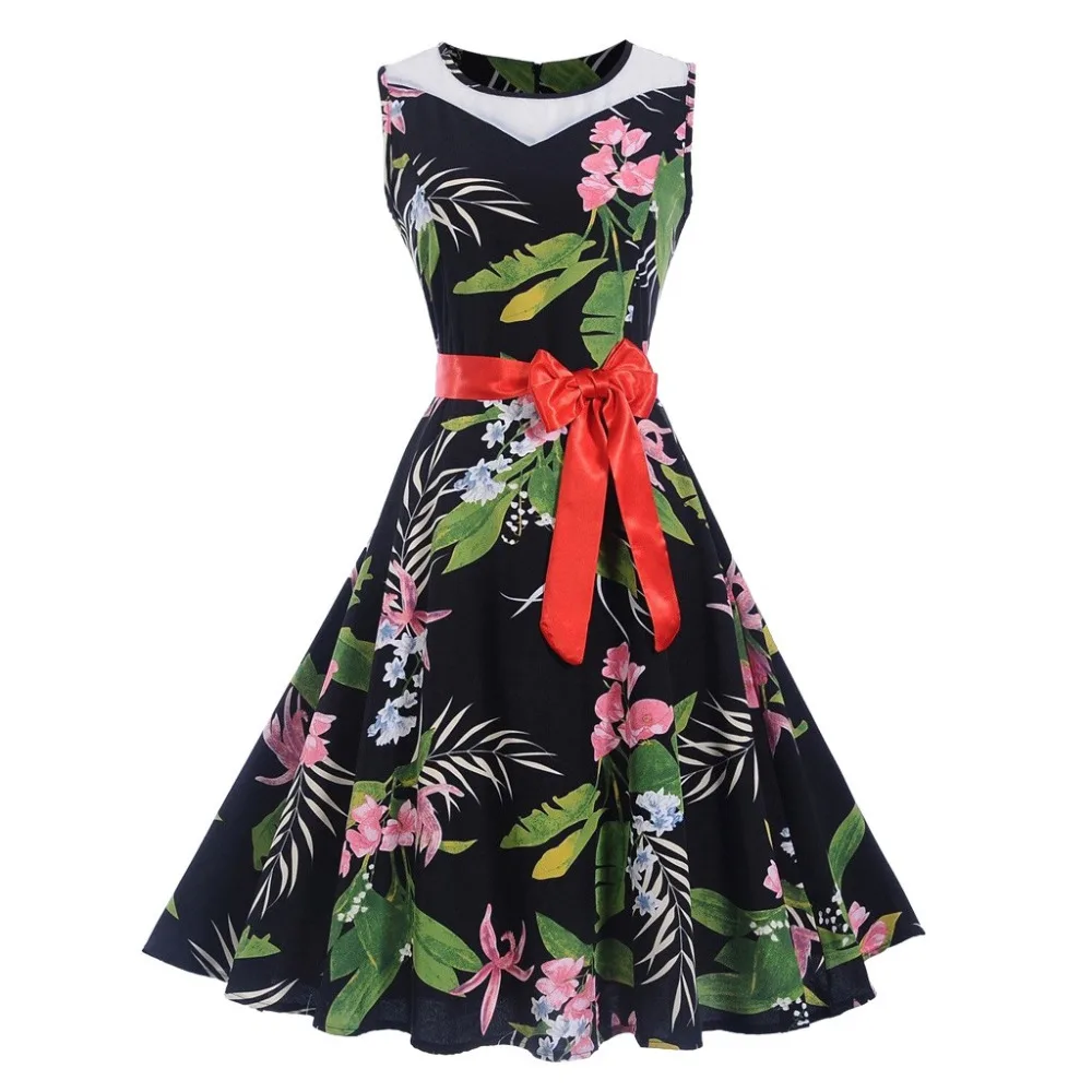 Платье женское винтажное без рукавов с О-образным вырезом и принтом для