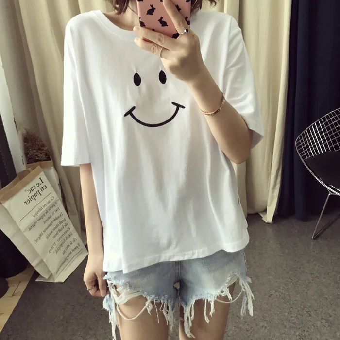 Харадзюку стиль смайлик печать забавная Футболка женская хлопковая белая
