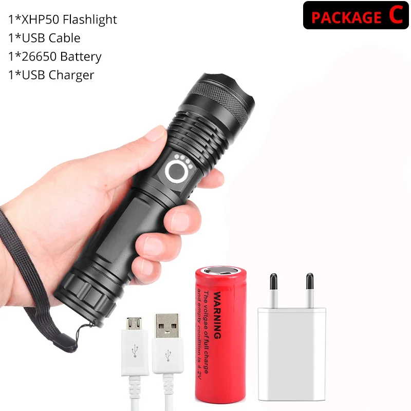 Package C-26650 Самый мощный XHP70.2 светодиодный светильник-вспышка с usb зумом тактический фонарь xhp50 18650 или 26650 перезаряжаемый ручной светильник с аккумулятором Прямая поставка - Испускаемый цвет: Package C-26650