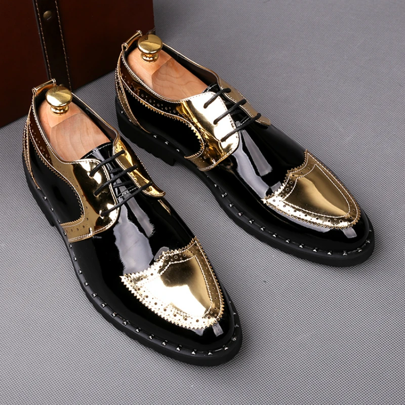 

men fashion wedding nightclub wear bright patent leather brogue shoes carved bullock oxfords shoe lace up pointed toe sneakers