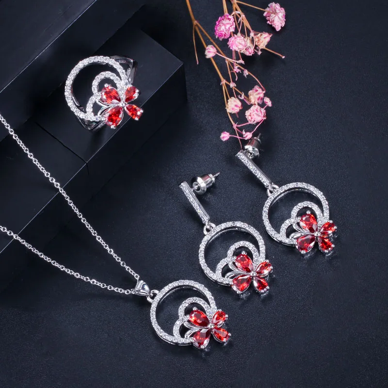 red CWWZircons, 3 шт., модные женские серьги в виде цветка, ожерелье и кольцо, наборы, элегантный кубический цирконий, Женские Ювелирные аксессуары, T337 - Окраска металла: red