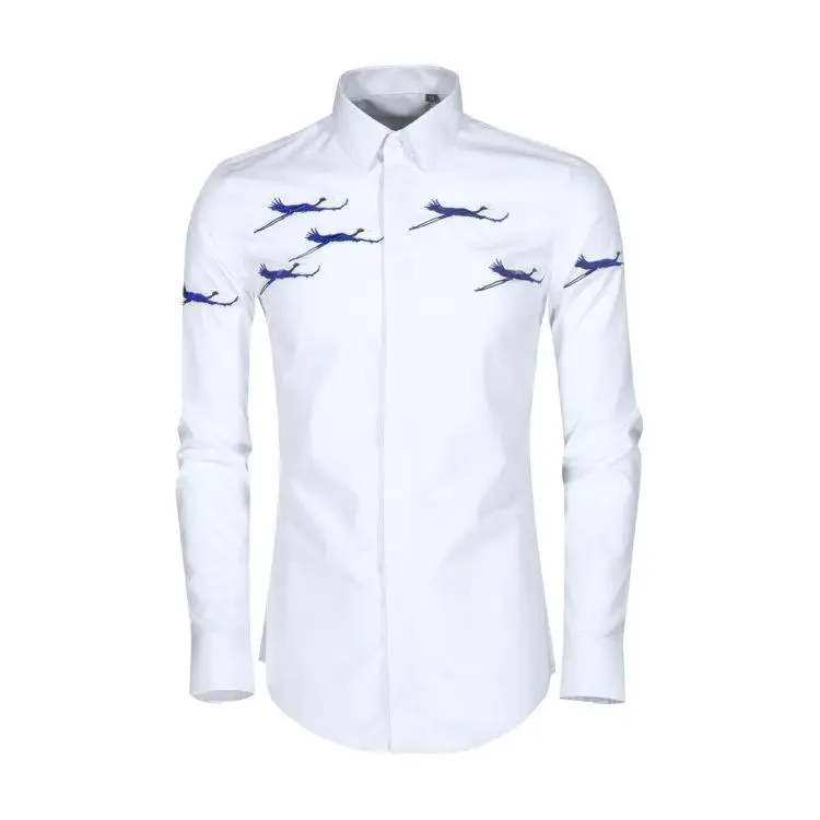 New Mens Shirts Plus Size 4xl Luxury Flying Crane Embroidery Long Sleeve Mens Dress Shirts Fashion Mens Shirts Casual Slim Fit - Цвет: WHITE