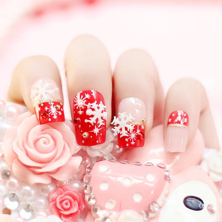 24 штук Manicur Рождественские снежинки французский 3D модные Стиль длинный мнимый наклейка false ногтей украшения Совет с клеем [N528]