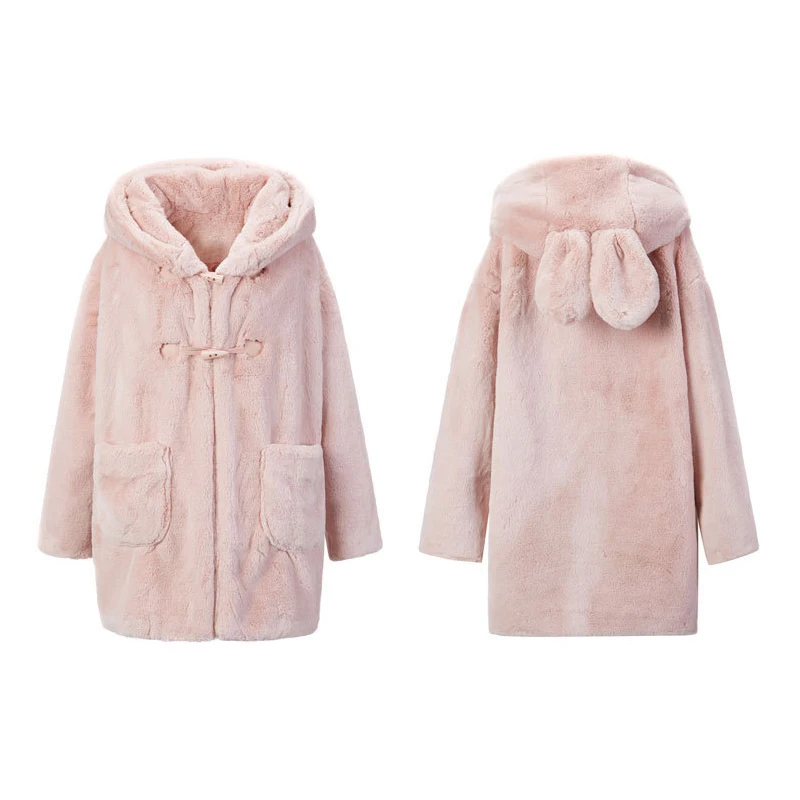 

Top Quality Women Soft Rabbit Fur Coat Winter Thicken Warmer Fluffy Cute Rabbit Ear Jackets Overcoat Parkas Horn Button 2J1118
