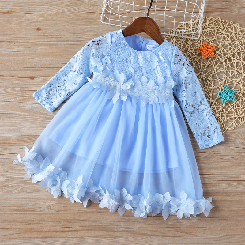 

Spring Party Princess Dress Blue 3D Flower Decoration Party Dress For Girl Kid Clothes Children Dress