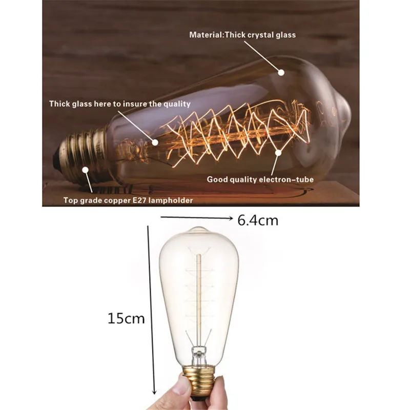 

1pc ST64 40W E26/E27 Retro Edison Light Bulb 220V Filament Vintage Ampoule Incandescent Bulb Edison Lamp Dimmable Decorative