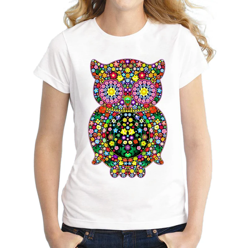 Новые Моды полиграфический дизайн Сова цветы 2017 летние Футболки для женщин