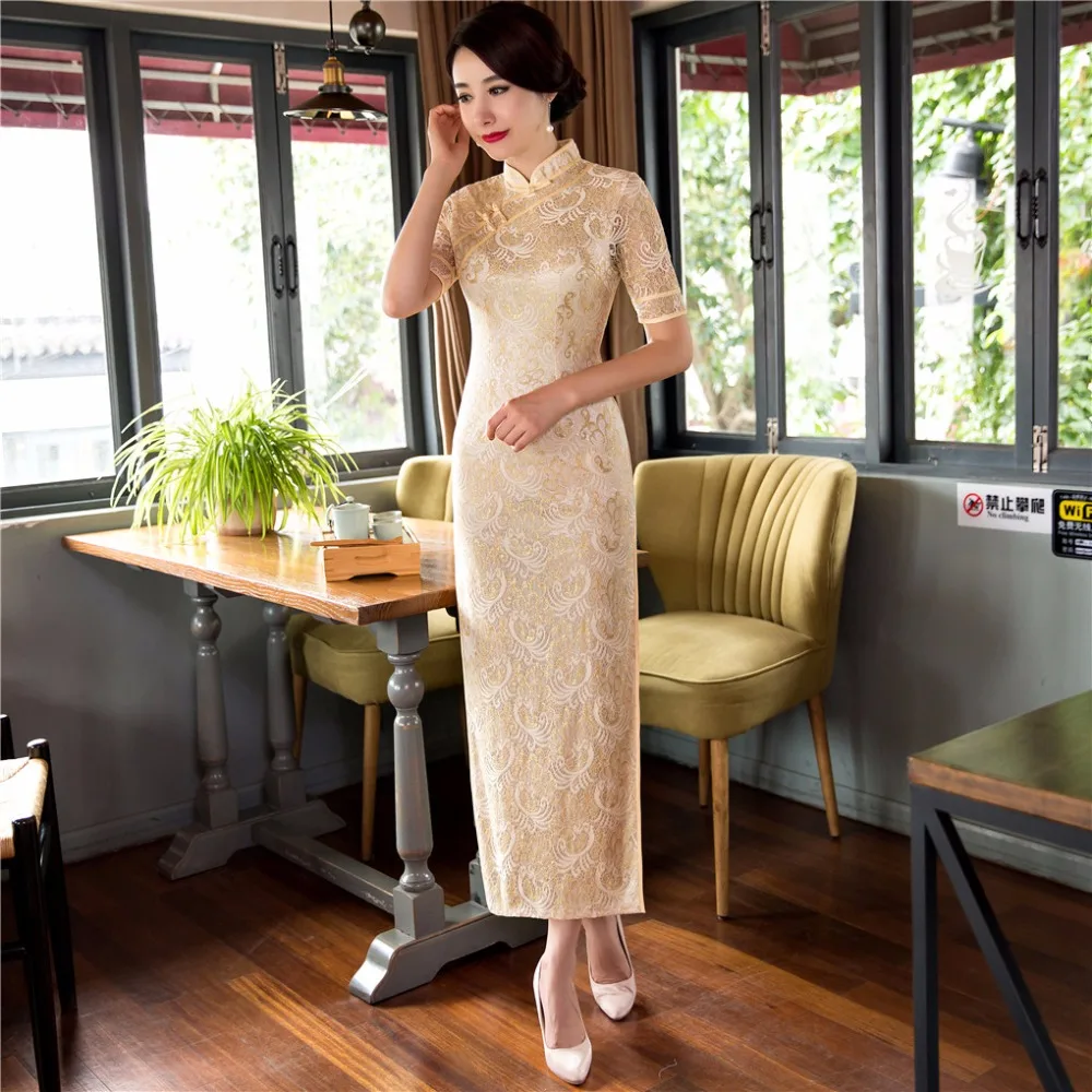 Шанхай история длинные Qipao китайские традиционные платья Кружева qipao женское