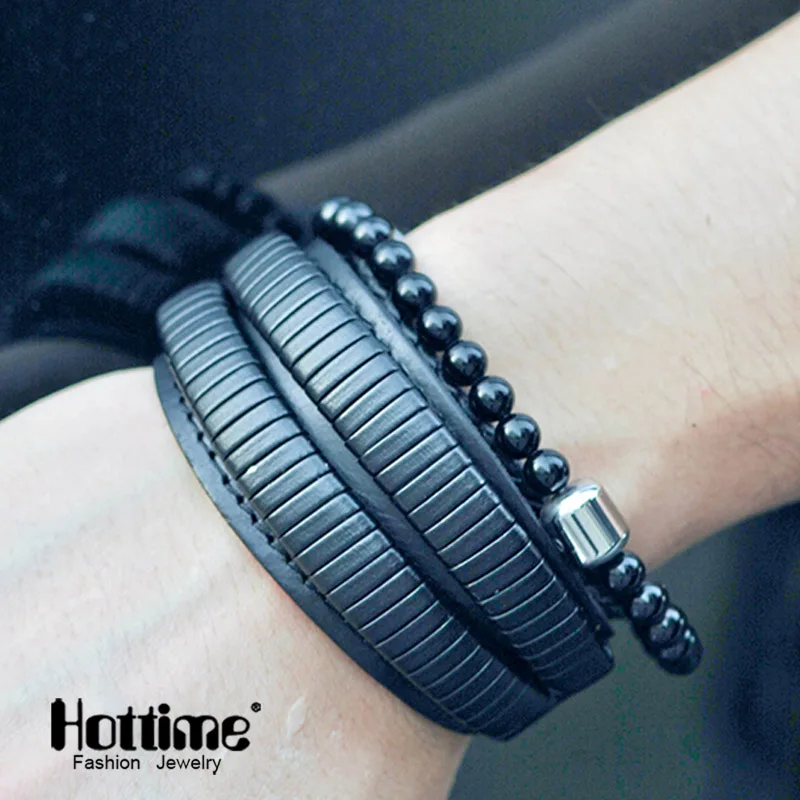 Мужской браслет Hottime из натуральной кожи коричневого и черного цвета с двойным