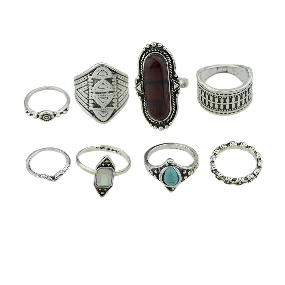 FANHUA 8pcs/set Bohemia Vintage Punk Midi Rings Brown Gold Silver Color Knuckle Ring Blue Stone Set Jewelry Accessories | Украшения и