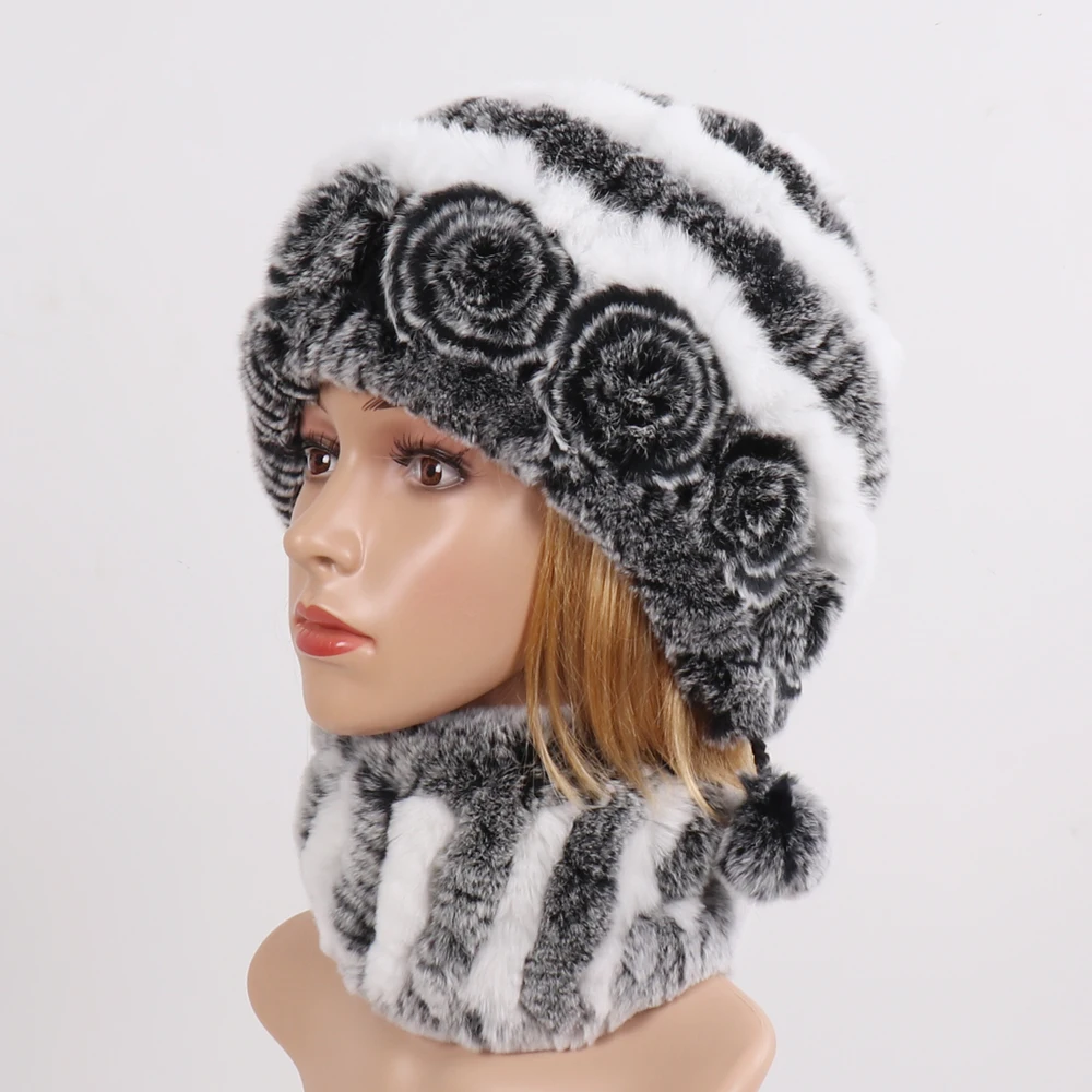 Новый вязаный леди Настоящий мех кролика шарфы головные уборы наборы Зимний