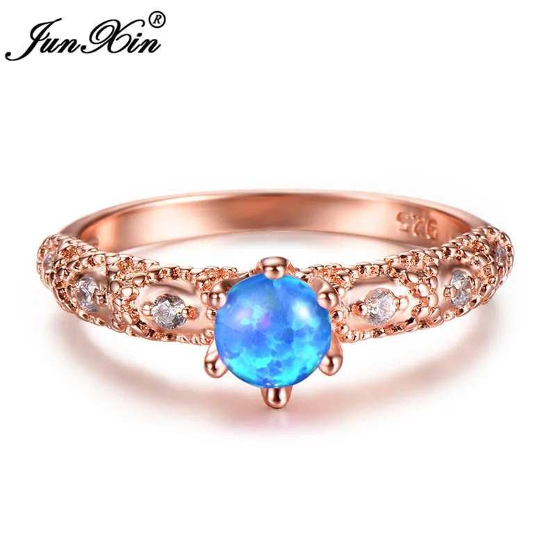 JUNXIN Мужской Женский Белый/Синий огненный опал кольцо Мода 18KT розовое золото