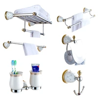 Euorpe Antique Ceramic And Gold Crystal Bathroom Accessories Set Wall Towel Rack Plating Gold Hardware Hanging Style Suit
