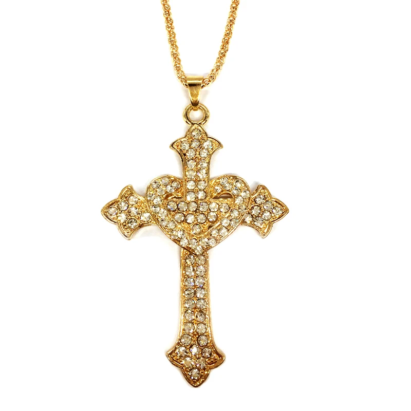 Rhinestone heart cross necklaces &amp pendants gothic gold color CNANIYA jewelry sweater accessories necklace long/neckless/neclace |