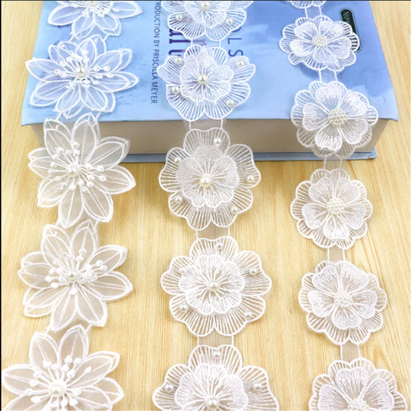 

White Flowers Butterfly Chiffon Pearl Lace Trim Ribbon Fabric Handmade DIY Sewing Accessories For Costume Hat Shoes Decoration