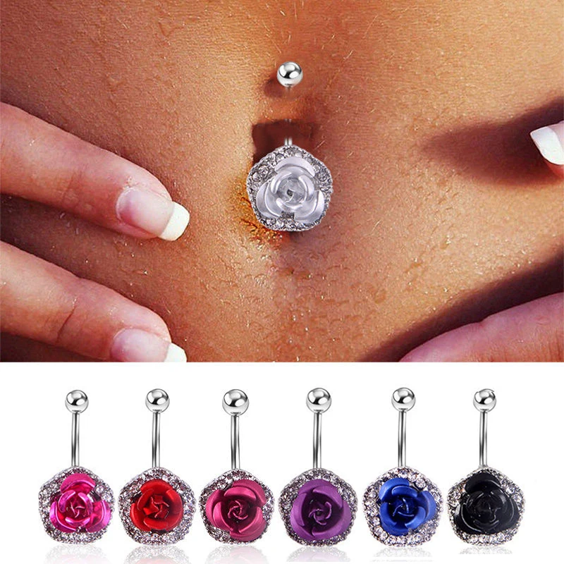 Сексуальная Кристалл Стразы Роуз Цветок Живота Пупка Кольцо Пирсинг Украшения