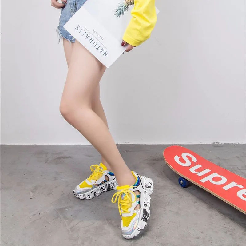 Повседневная Белая обувь; женские кроссовки на массивной платформе; zapatos de mujer; сетчатая обувь; chaussures femme; Женская дышащая обувь в стиле пэчворк