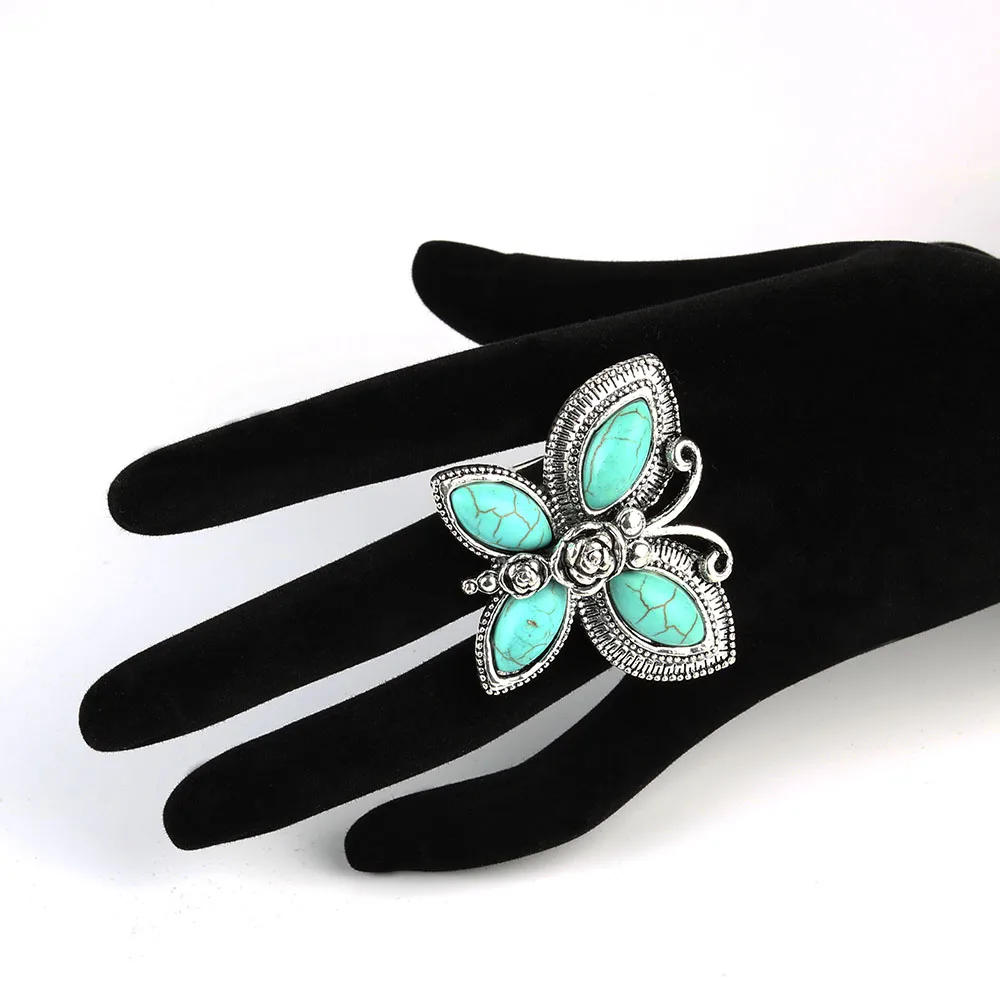 Парабола Большая Бабочка Shaped Создания Бирюзой Моде Кольца Серебро Цвет