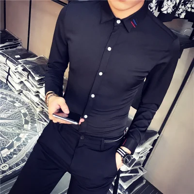 Осенняя рубашка Social Masculina Модные приталенные мужские рубашки с длинным рукавом размера плюс Camisas Para Hombre Повседневная сорочка - Цвет: 9042 Black