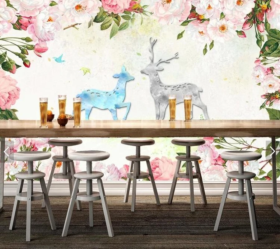 Настенные обои на заказ с цветочным рисунком акварельные цветочные олени для
