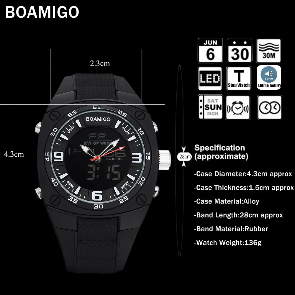 Мужские спортивные часы военный двойной светодиодный цифровой BOAMIGO черные