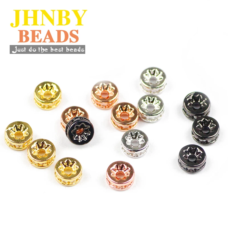 

JHNBY 4pcs Coin Copper Spacer beads 6mm flat Round Pave CZ Charms metal Loose beads for Jewelry bracelet making DIY Accessories