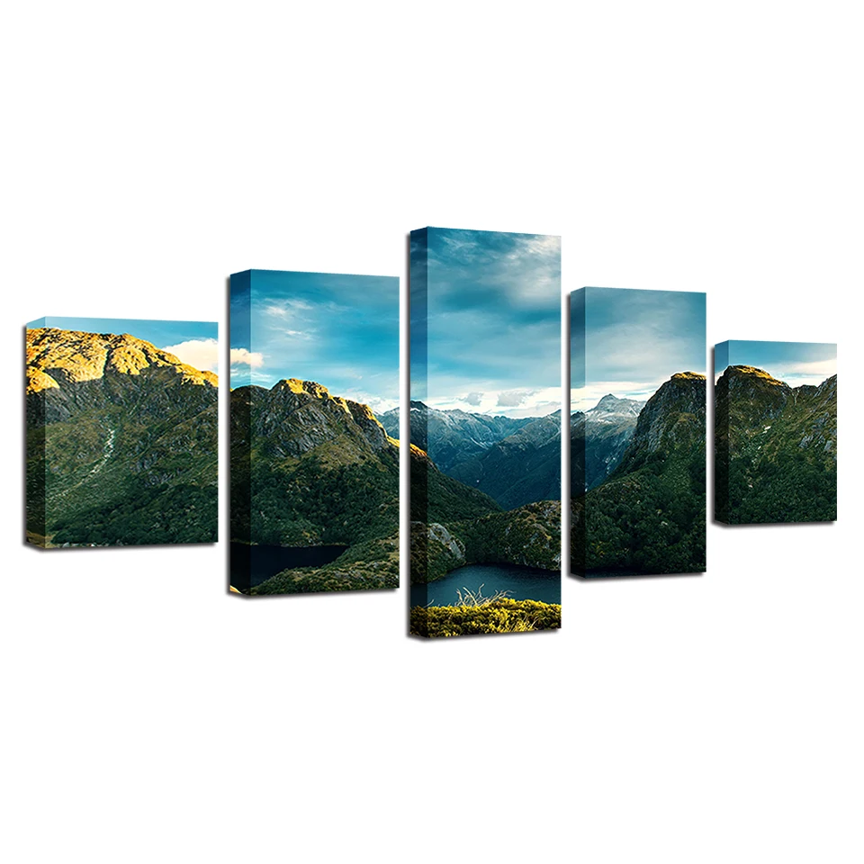 Wall Decor HD Printing Framework Modular Canvas Pictures Art 5 Pieces Green Mountain Lakes Beautiful Landscape Posters Paintings | Дом и сад