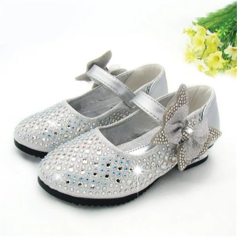 

New Girls Shoes Children baby Fashion Bowknot Rhinestone Kids Leather Shoes High-heeled Student Flats Toddler Shoes 019