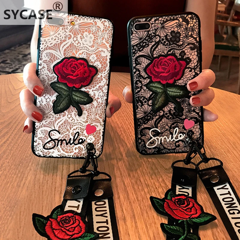 SYCASE For iPhone X XR XS Max 6 6S 7 8 Plus phone case Fashion long strap Lace Embroidery rose stickers protective cover |