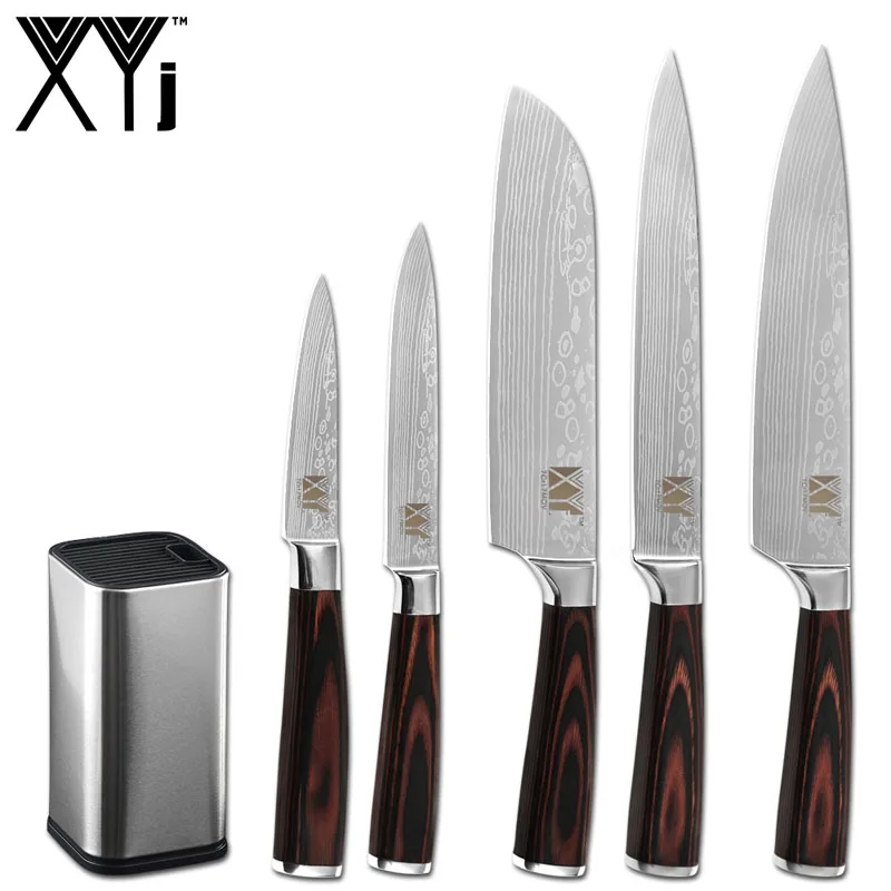 C.6Pcs Set XYj 8 ''7'' 5 ''3,5'' набор кухонных ножей из нержавеющей стали с Дамасским узором, ножи шеф-повара сантоку 11 ''подставка для кухонных ножей, инструменты - Цвет: C.6Pcs Set