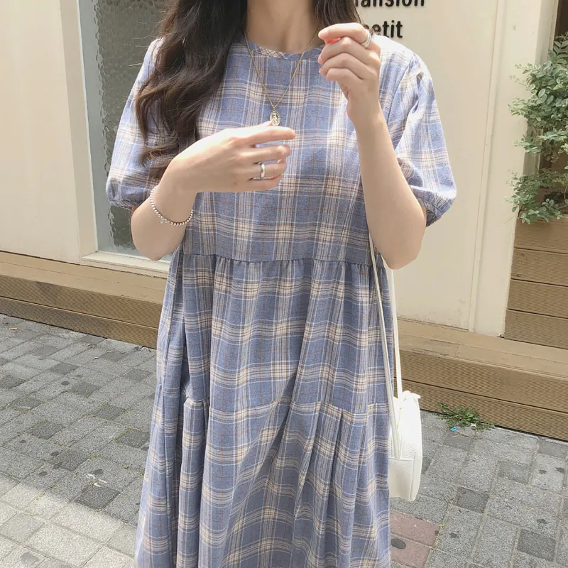 Women Summer Long Plaid Straight Dress Vestidos High Waist Blue Casual Maxi Robe Femme Loose Sukienki Sommerkleid Jurken