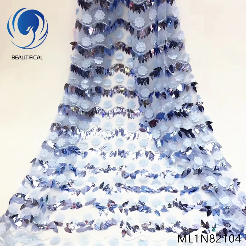 

BEAUTIFICAL african lace fabrics 3d sequins leaf net lace fabric Fashion 3d flowers lace fabric for dress 5yards ML1N821