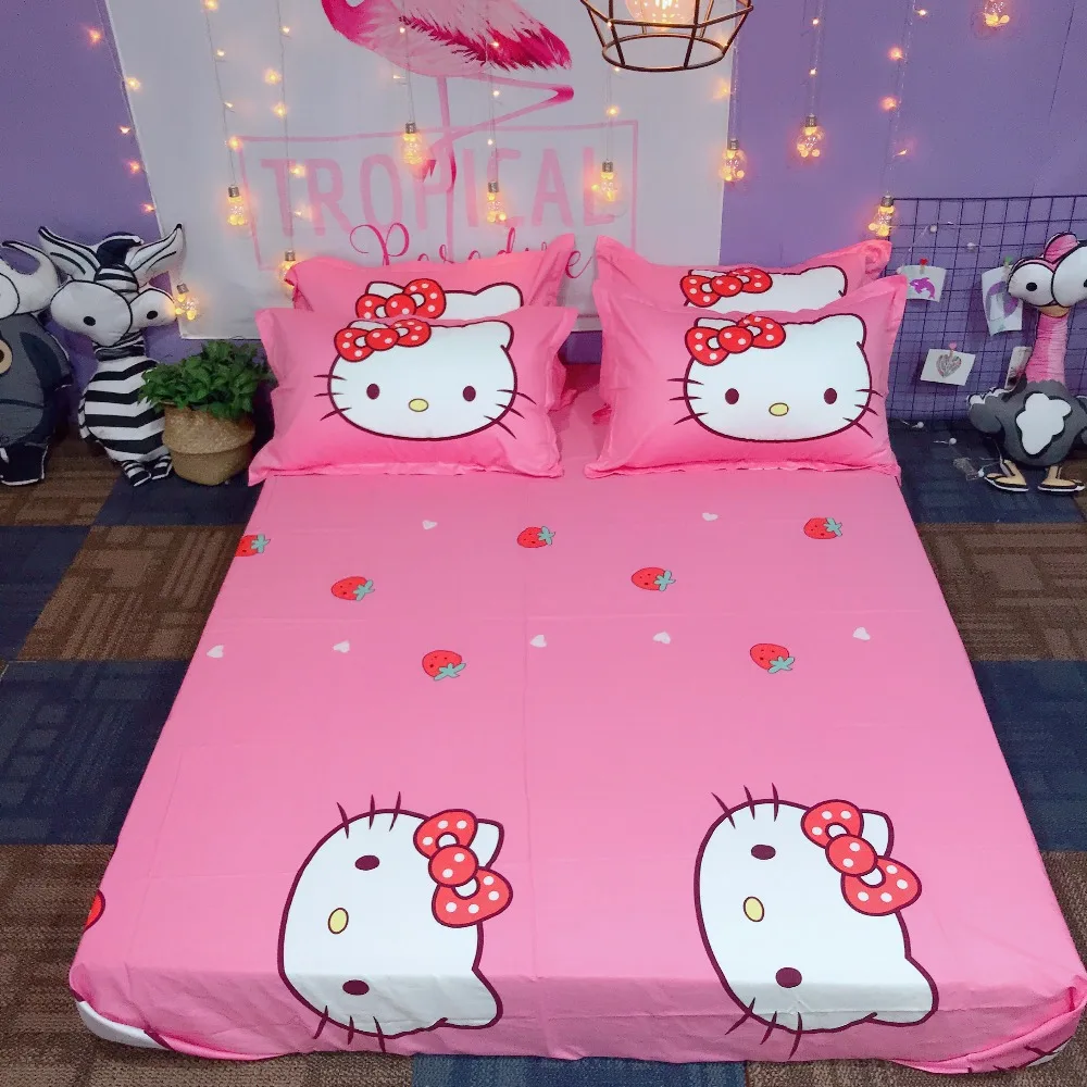 Набор постельного белья из хлопка с рисунком hello kitty, пододеяльник, простыня, наволочка, мягкий, розовый, белый, клубника, король, королева, размер, Комплект постельного белья