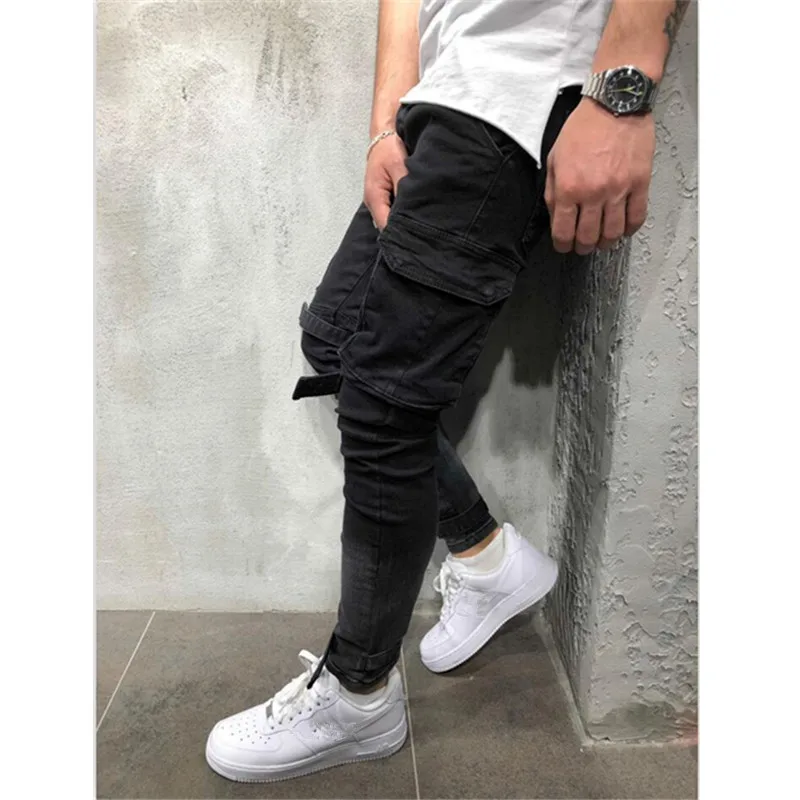 Men Stylish Jeans Biker Slim Straight Hip Hop Denim Trousers Fashion Skinny 2019 Elastic Ripped pocket streetwear jeans | Мужская одежда
