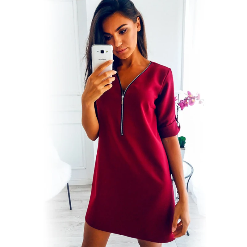 2019 горячее модное летнее платье женское свободное Новое молния v-образный вырез