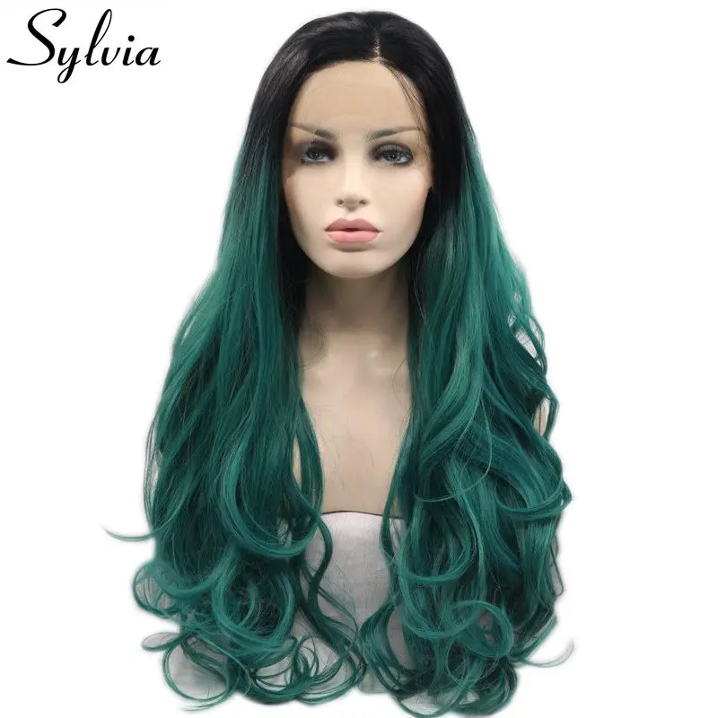 Sylvia Side Part Ombre Green dark root Body Wave Synthetic Lace Front Wig for women 2 tone Heat Resistant Hair Replacement Wig