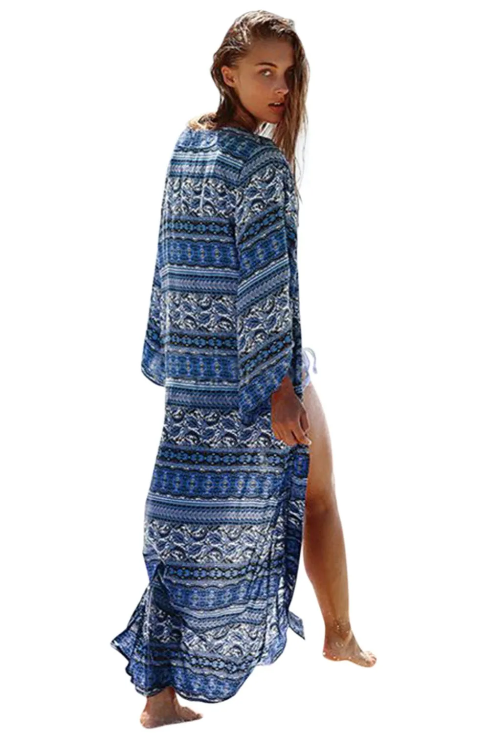 Boho пляжная одежда с принтом длинным рукавом открытой передней бикини кардиган