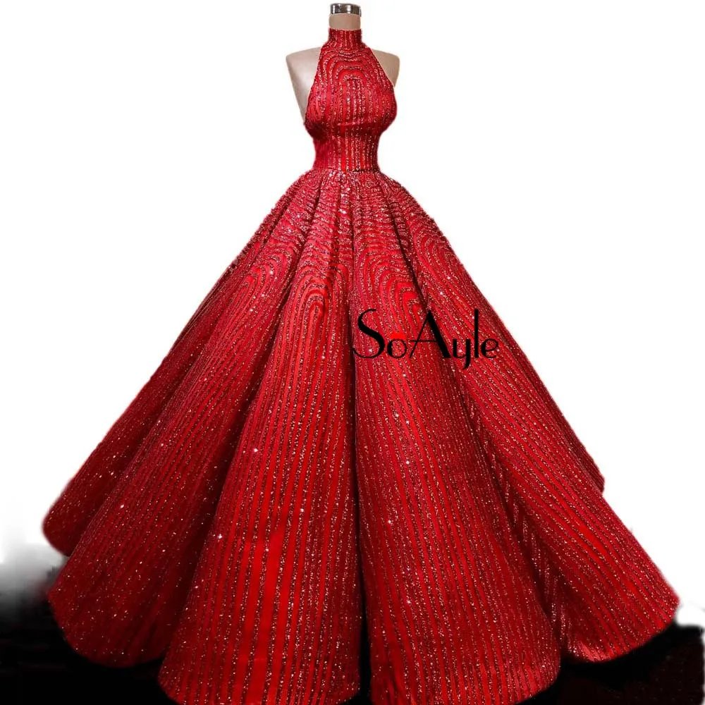 SoAyle Luxurious Prom Dresses 2018 Sequined Ball Gown Red Prom Dress Sleeveless Wedding Evening dresses vestido de noiva Longo