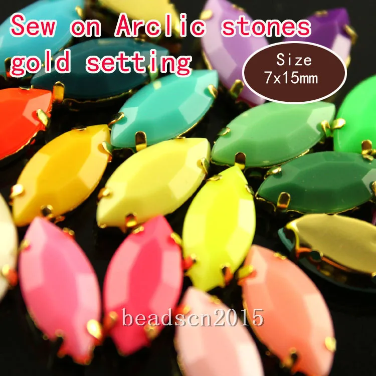 

20pcs 7x15mm navette Candy bright color acrylic sew on stones with gold claw setting Jewelry Findings Garment Accessory